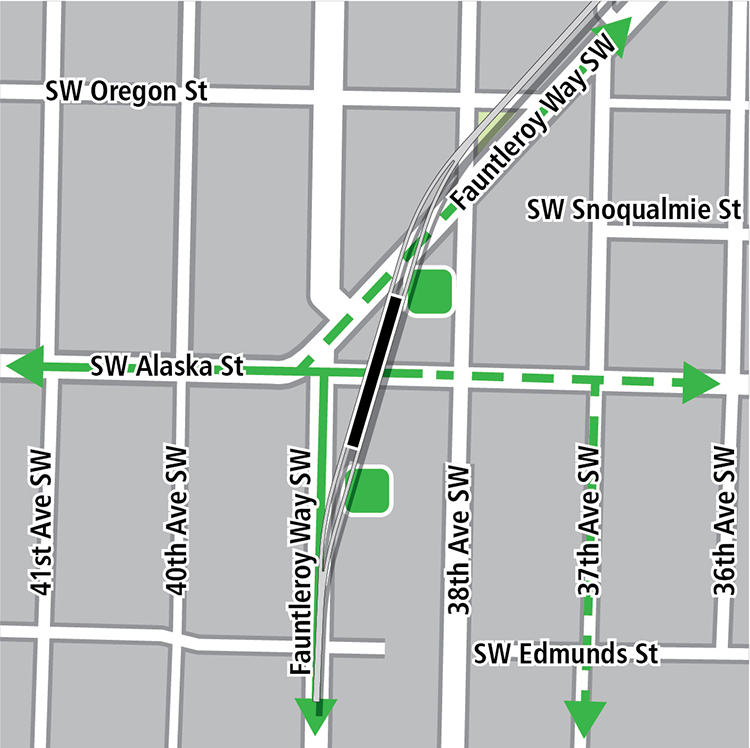 Mapa con rectángulo negro que indica la ubicación de la estación en Fauntleroy Way Southwest, líneas verdes que indican las ciclovías existentes, líneas verdes discontinuas para las ciclovías planeadas y un cuadro verde que indica una zona de almacenamiento de bicicletas.